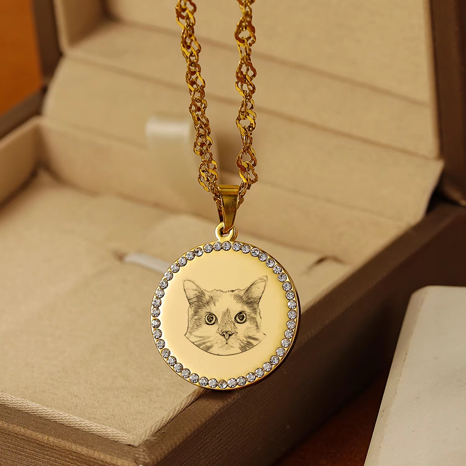Pet Portrait Custom - Personalisierte gravierte Foto-Muster-Scheiben-Halskette, Haustierporträt, runder Anhänger,