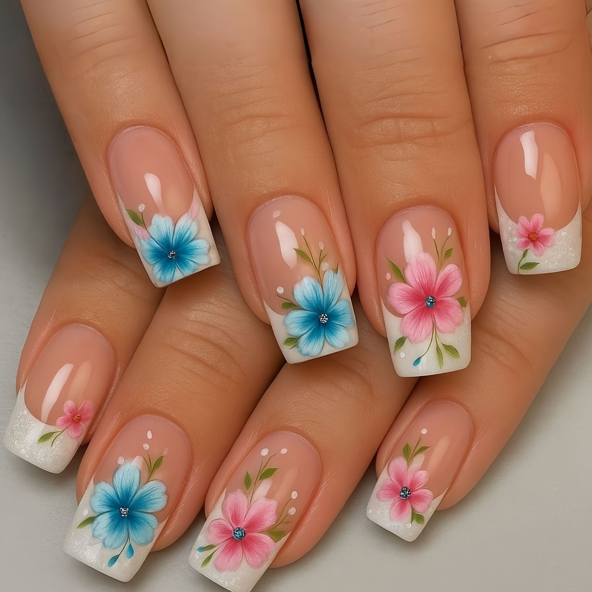 Pressed Flower Art - Kurze, mittellange künstliche Nägel für Frauen,
